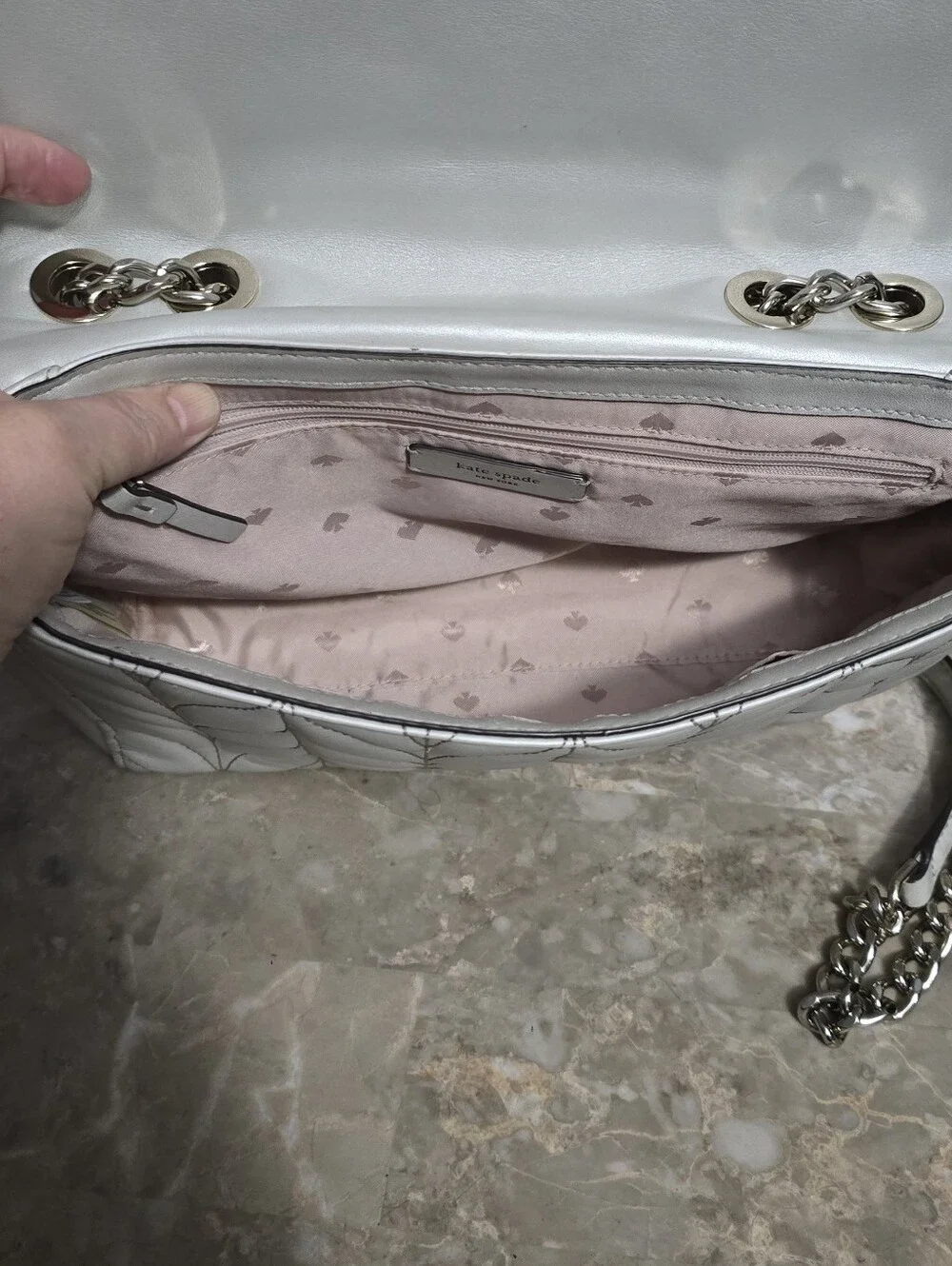 Kate Spade Briar Lane Emelyn Pearl Silver Quilted Leather Chain Crossbody